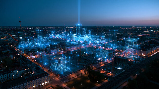 Smart City Digital Network Wireframe at Night