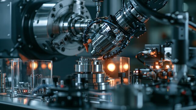 Automated industrial robotic arm performing precision cnc metal machining and laser welding in manufacturing plant
