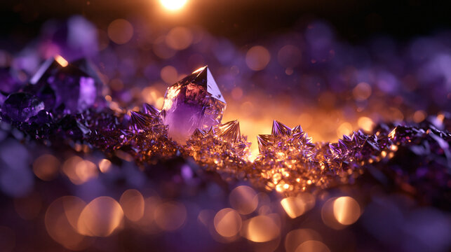 Purple Amethyst Crystal Cluster Glowing in Golden Light