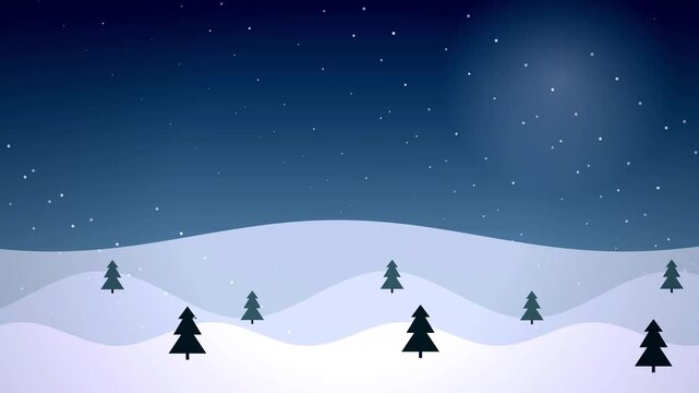 Minimalist Winter Night Landscape Illustration with Snow Hills and Pine Tree Silhouettes under a Starry Sky