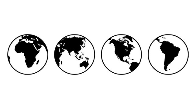 Globe set with four views featuring Africa, Asia, North America, and South America with black and white design and circular shapes