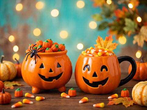 Halloween ceramic jack o lantern pumpkin treat bowl and mug filled with sweets candy corn spider autumn leaves festive bokeh lights on wooden surfaces