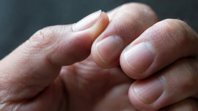 Nervous Hand Fidgeting With Fingernails in Detailed Cinematic Macro Closeup