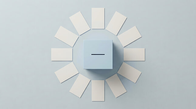 Top view of a light blue ballot box surrounded by ballot papers arranged in a circle with flat lay