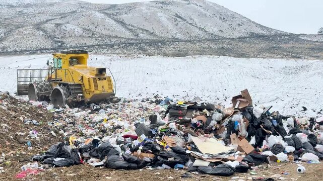 Handheld shot of a landfill compactor operating amidst a large pile of garbage at Dufferin Hill, Kamloops, with clear, balanced framing and natural lighting.