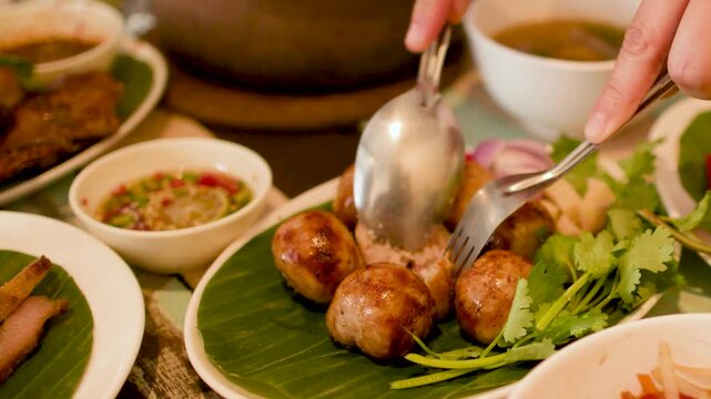 Serving Thai Isan Sai Krok Fermented Sausage at a Restaurant