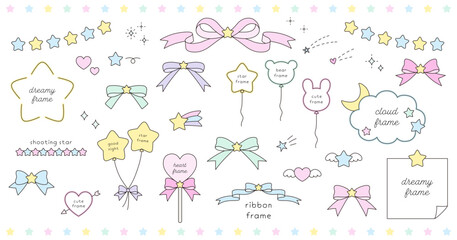 Obraz na płótnie Canvas ドリーミーなかわいい飾りフレームのベクターイラストセット。星、リボン、ゆめかわ