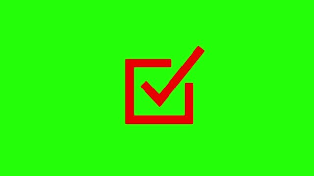 Red checkmark icon animation on green screen, approved symbol motion for user interface tick correct