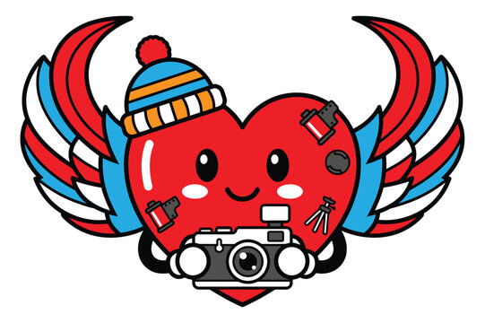 Cute Winged Heart Photographer With Camera and Winter Hat Kawaii Valentine Cartoon Illustration