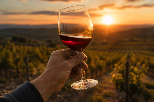 Glass of red wine held against a vineyard landscape during golden sunset, evoking wine culture, viticulture, relaxation and premium lifestyle