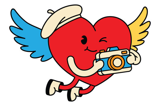 Cute Winged Heart Photographer Holding Camera and Wearing Beret Kawaii Valentine Cartoon Illustration