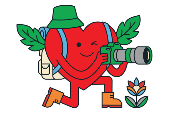 Cute Heart Nature Photographer With Telephoto Camera, Backpack and Hiking Hat Cartoon Illustration