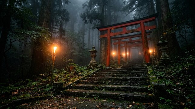 Dark and misty forest path with glowing lanterns and traditional Japanese red torii gates