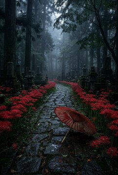 Moody Japanese cemetery path lined with blooming red spider lilies and a traditional red umbrella