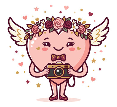 Cute Winged Heart Photographer With Camera and Floral Crown Kawaii Valentine Cartoon Illustration