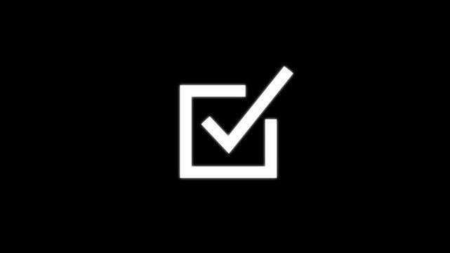 Animated check mark icon in square box, minimalist white symbol on black background, for ui ux, and task completion
