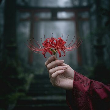 Close up of a hand holding a wet red spider lily against a dark misty forest background