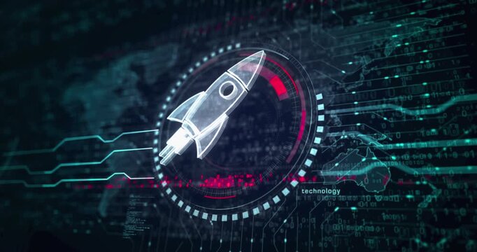 Startup business rocket launch symbol abstract digital concept. Global network and cyber technology background seamless and looped 3d animation.