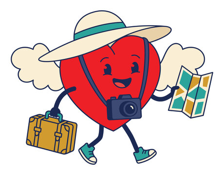 Cute Traveling Heart Tourist With Camera, Suitcase and Map Kawaii Vacation Cartoon Illustration