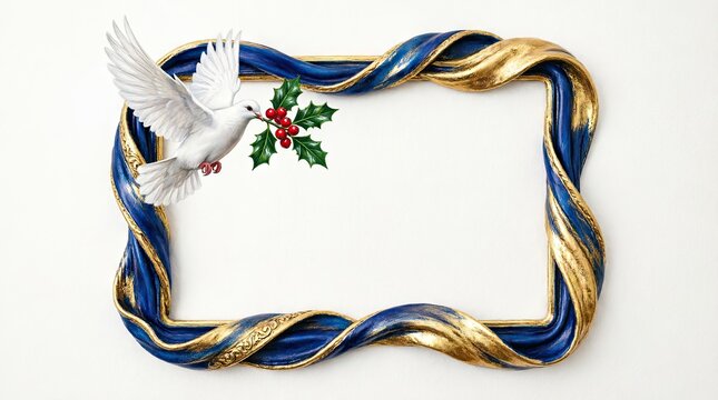 Gold and blue ribbon frame with dove and holly