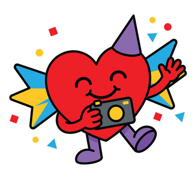 Cute Heart Photographer With Camera and Party Hat Celebrating Birthday Kawaii Cartoon Illustration