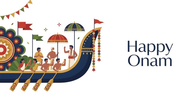 Happy Onam festival celebration with traditional boat race vector illustration background