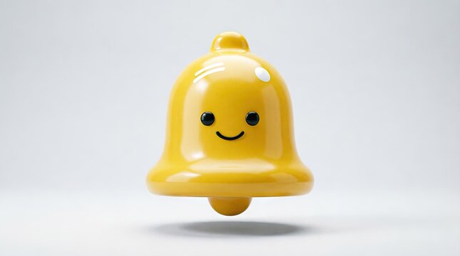 Yellow smiling bell character floating in white space