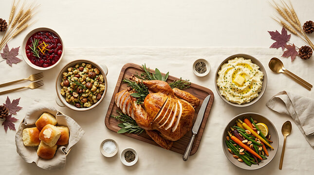 Top view of a traditional thanksgiving dinner table featuring roasted turkey mashed potatoes stuffing and seasonal vegetable side dishes