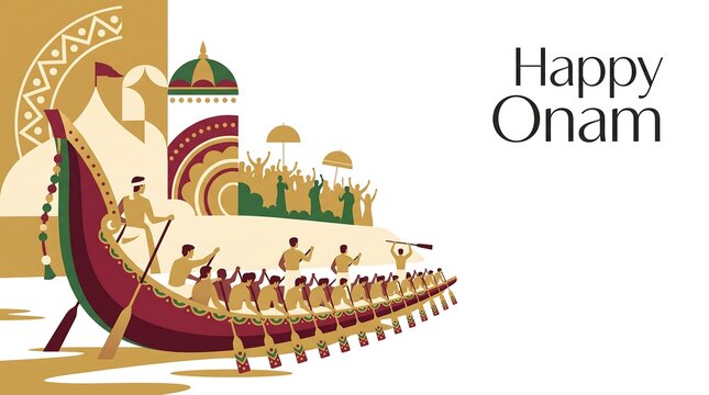Happy Onam festival greeting design featuring traditional snake boat race illustration