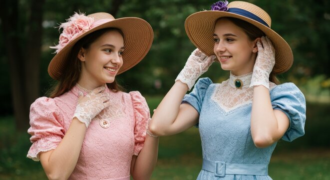 Two smiling women in Victorian dresses, lace gloves and decorated straw hats posing in a green garden