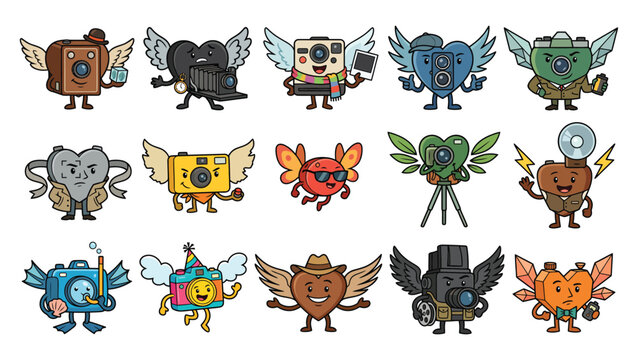 Cute Vintage and Modern Camera Mascot Characters With Wings Cartoon Photography Equipment Illustration Set