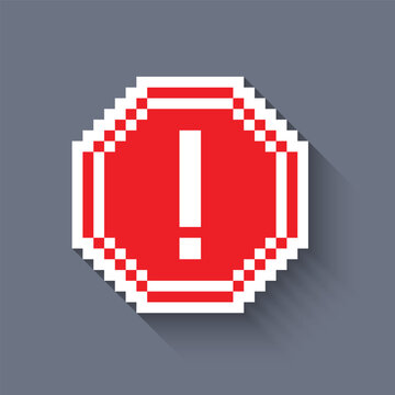 Warning sign pixel art icon with long shadow sticker 8 bit vector for computer game logo