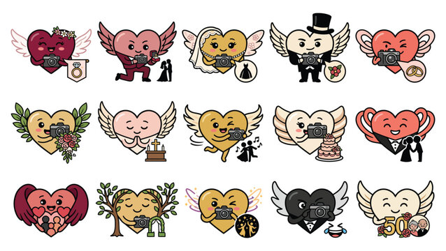 Cute Winged Heart Wedding Photographer Characters With Bride, Groom and Camera Cartoon Illustration Set