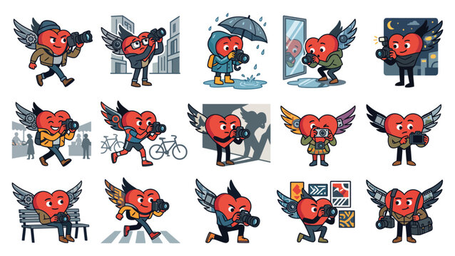 Winged Heart Street Photographer Characters Capturing Urban Life and City Scenes Cartoon Illustration Set