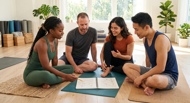 Diverse yoga instructors planning new sequence on mats in bright studio.