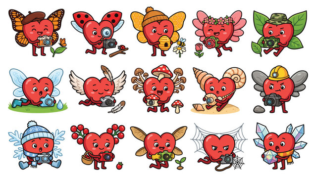Cute Heart Nature Photographer Characters Exploring Insects, Flowers and Macro Subjects Cartoon Illustration Set