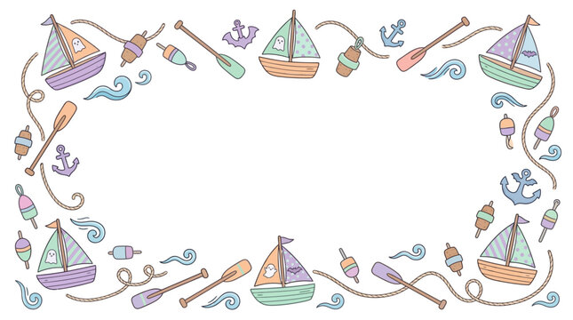 Pastel nautical halloween doodle border with sailboats and anchors