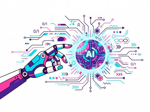 a vibrant flat vector illustration of a robotic hand touching an artificial intelligence circuit orb