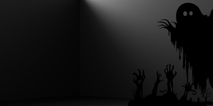 Spooky ghost silhouette in dark room, creepy monster shadow on wall, halloween horror background with zombie hands and copy space