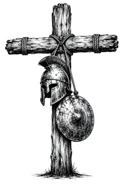 Wooden cross with ancient helmet and shield