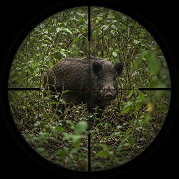 Wild boar in forest viewed through sniper scope