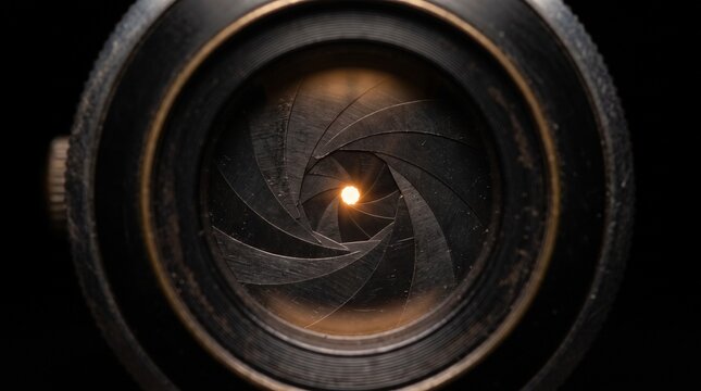 Camera lens aperture blades nearly closed with light passing through