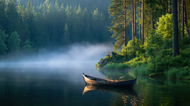 Serene early morning lake with mist calm water and wooden boat near forest