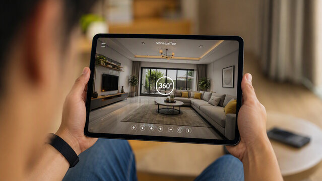 Person Holding Digital Tablet Showing 360 Virtual Tour of Living Room