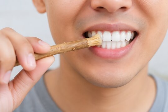 Man brushing teeth with traditional chewing stick