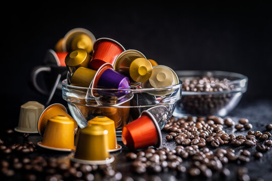 Colorful Coffee Capsules and Espresso Pods Scattered Among Roast Coffee Beans on Dark Surface