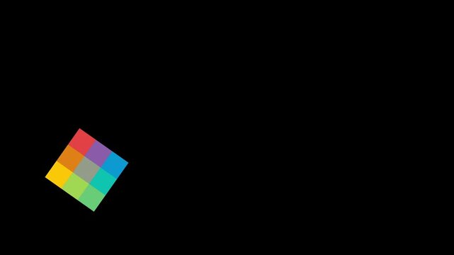 Perfect 10-second seamless loop of a 3x3 grid of colorful squares. Squares slowly fly apart, rotate, and return to form a perfect block on a black background. Ideal modular background for tech, data.