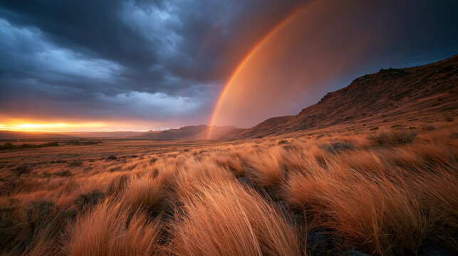 Dramatic sunset landscape with rainbow over golden grass and rugged hills