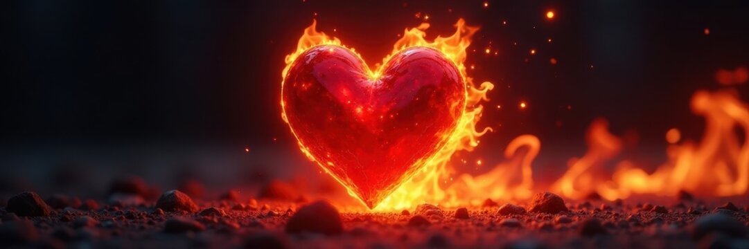 Red heart engulfed in flames, contrasting light & shadow, flames, shadow