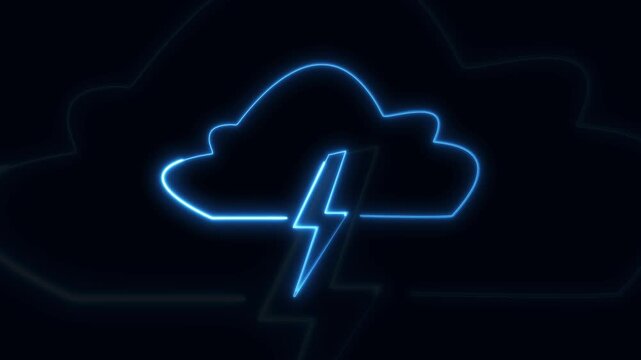Blue neon cloud icon flashes an active energy lightning bolt. Digital cloud computing power surges through this neon cloud icon. Fast online server data processing animates the neon cloud icon.